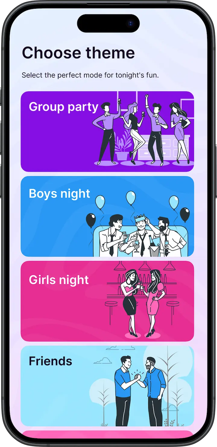 Choose theme screen in the Dares4us app