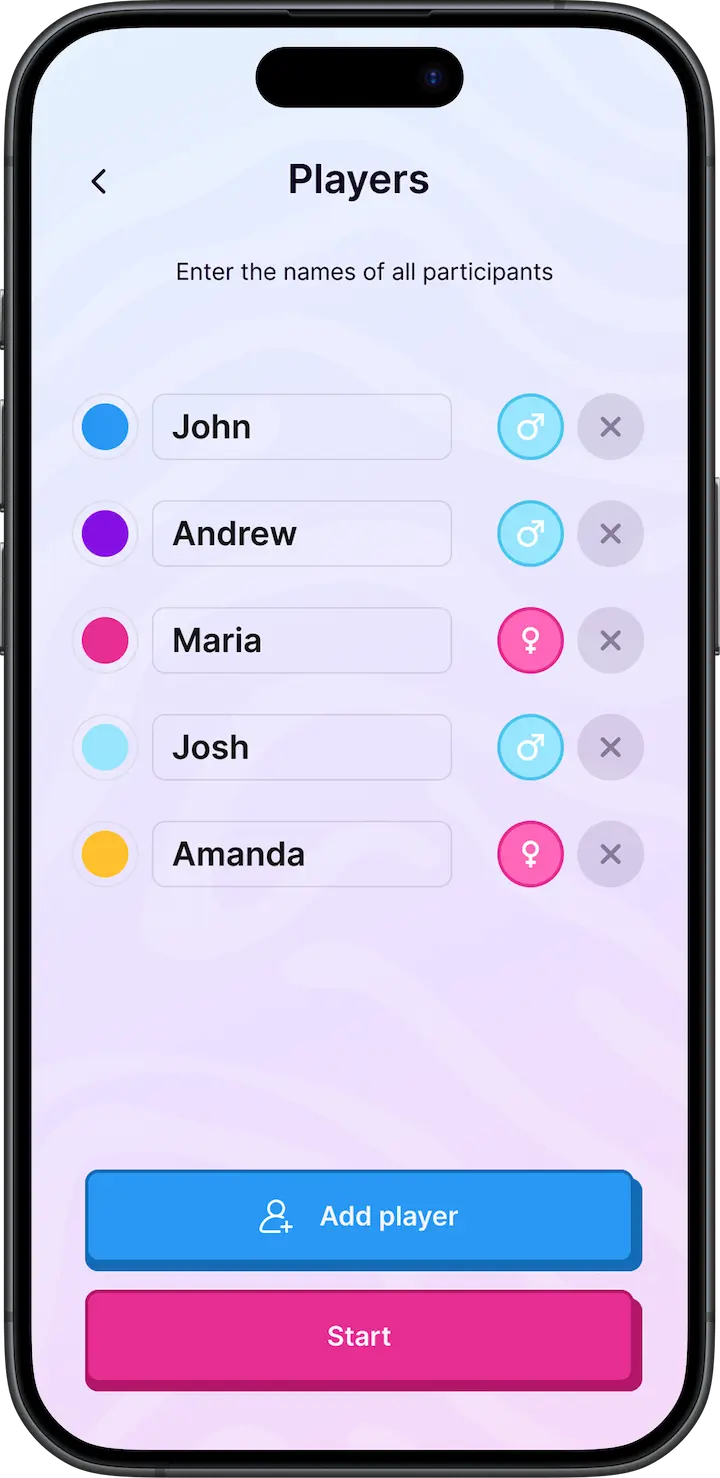 Players setup screen in the Dares4us app