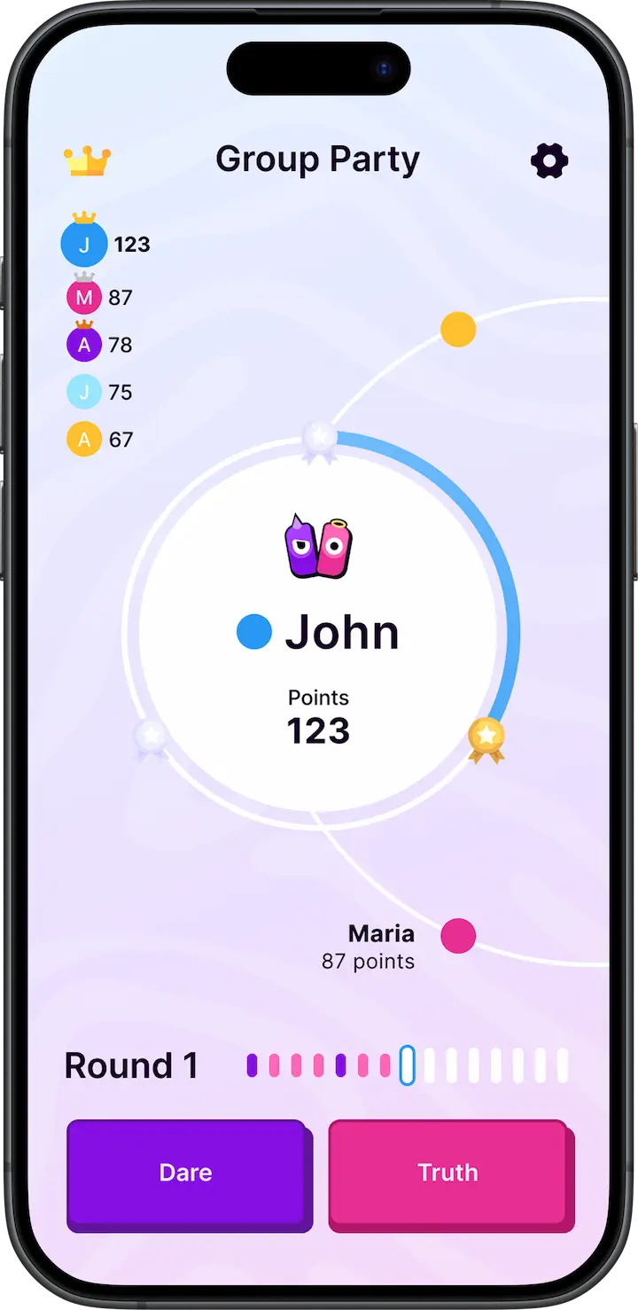 Group party game screen in the Dares4us app